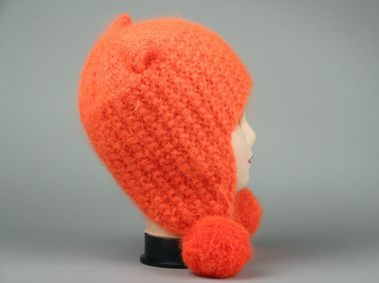 Knitted hat with pom poms, orange hat photo 2