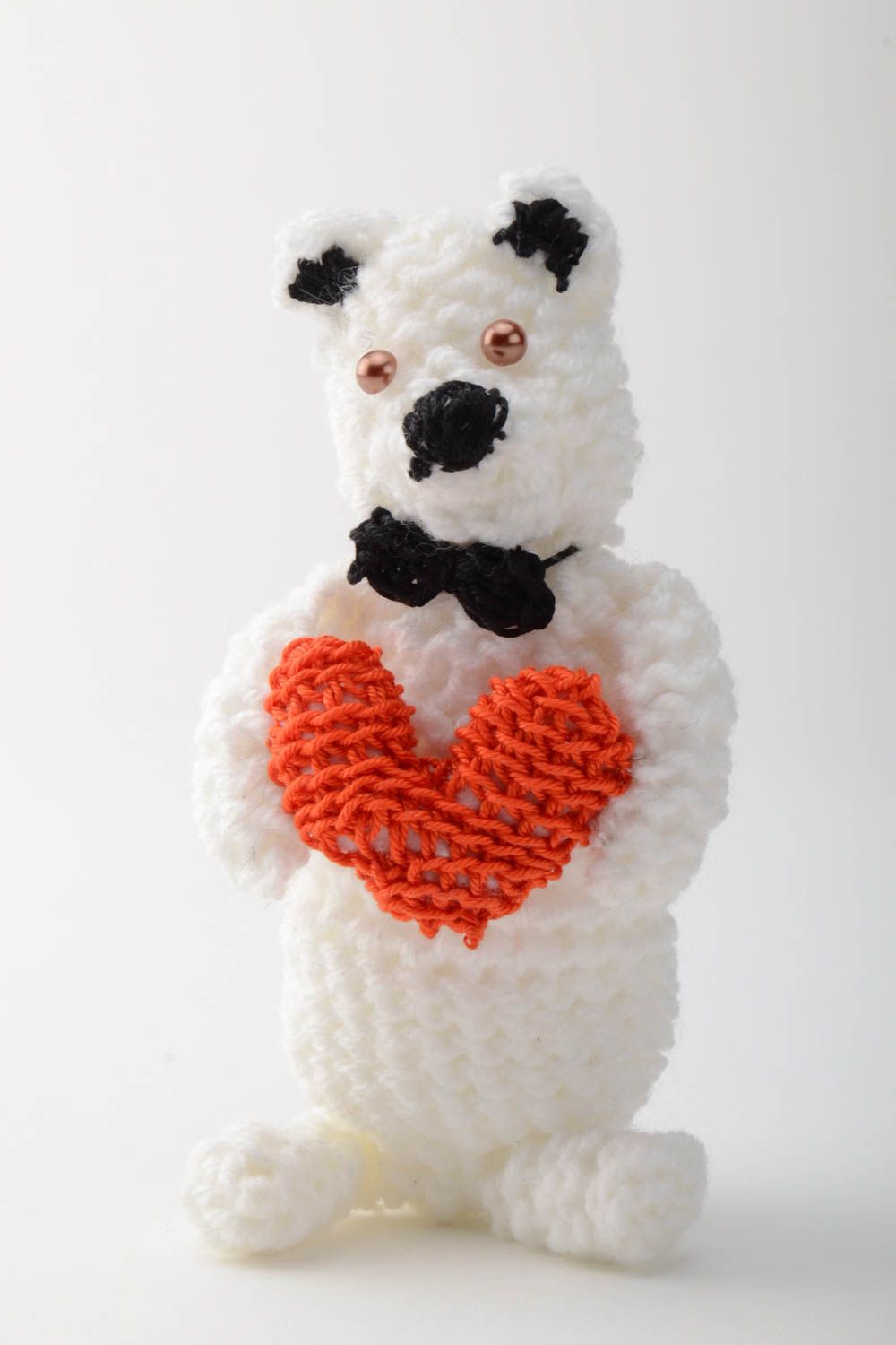 Black and white handmade small crochet soft toy Bear with Heart photo 5