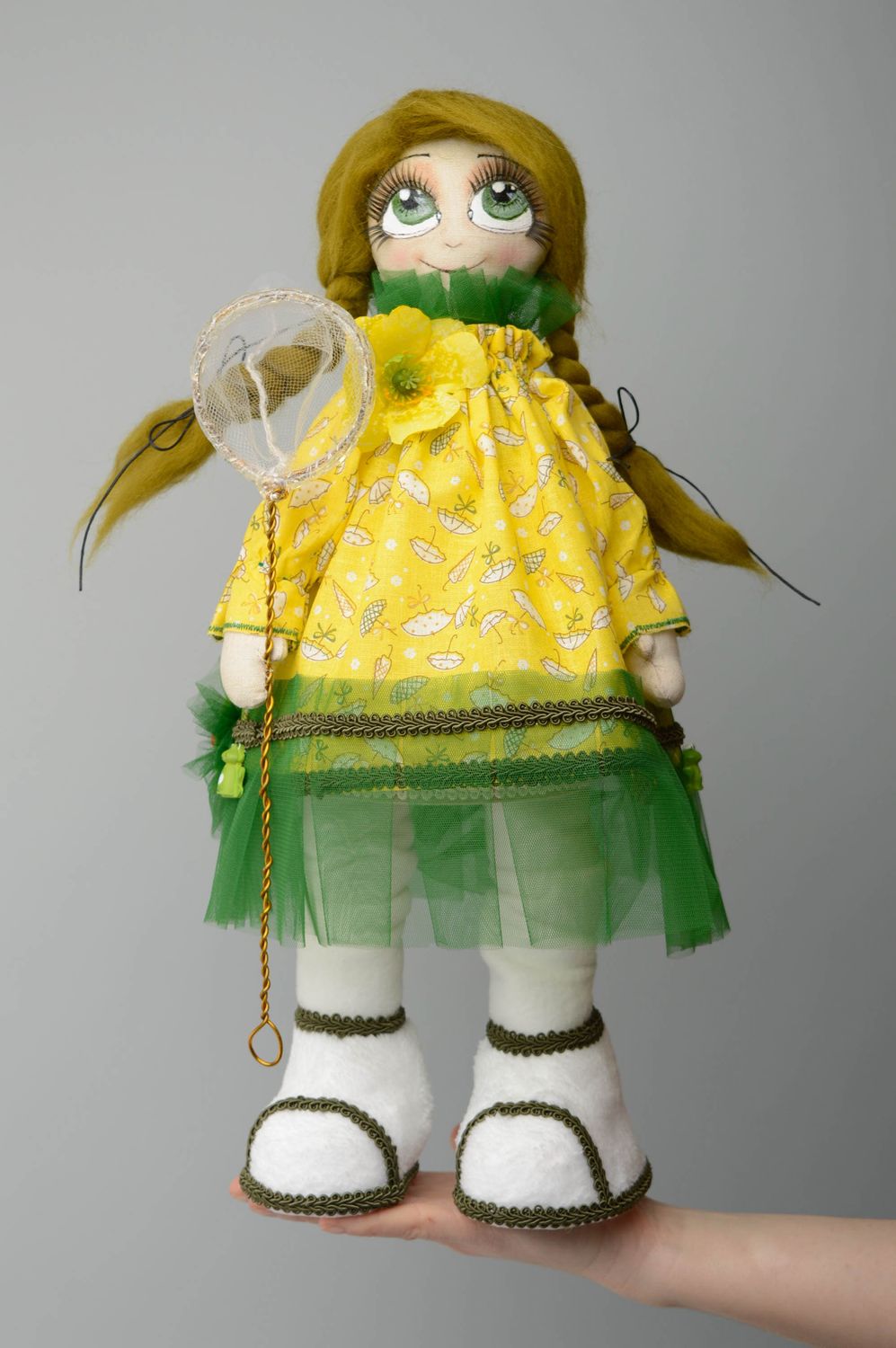 Handmade designer fabric doll Girl with Butterfly Net photo 1
