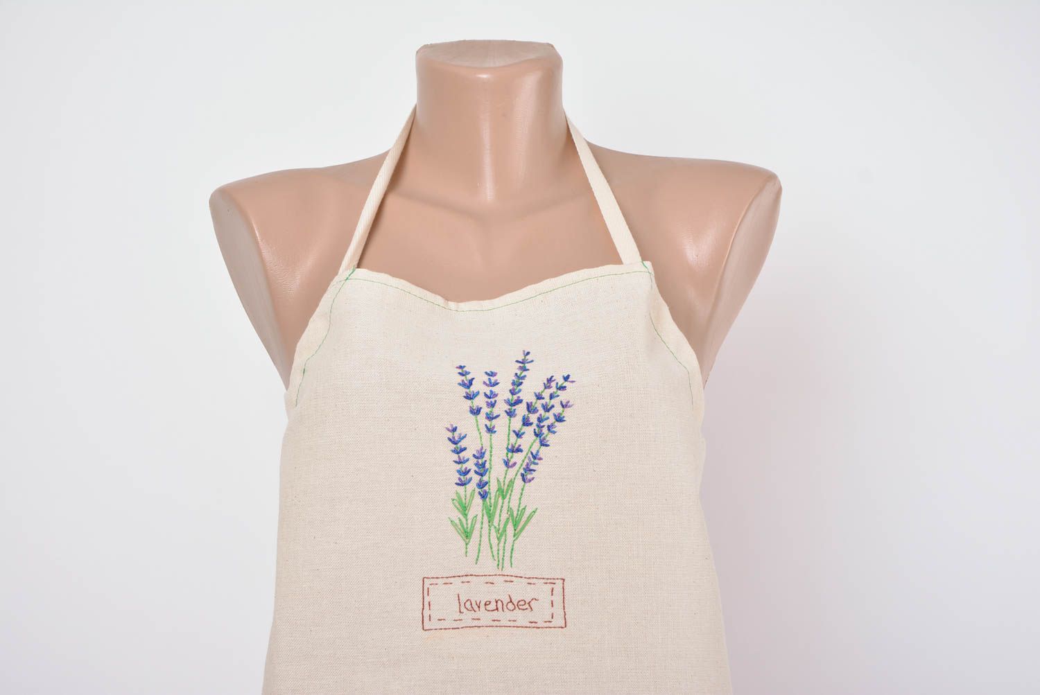 Handmade semi linen white women's kitchen apron with embroidered lavender photo 2
