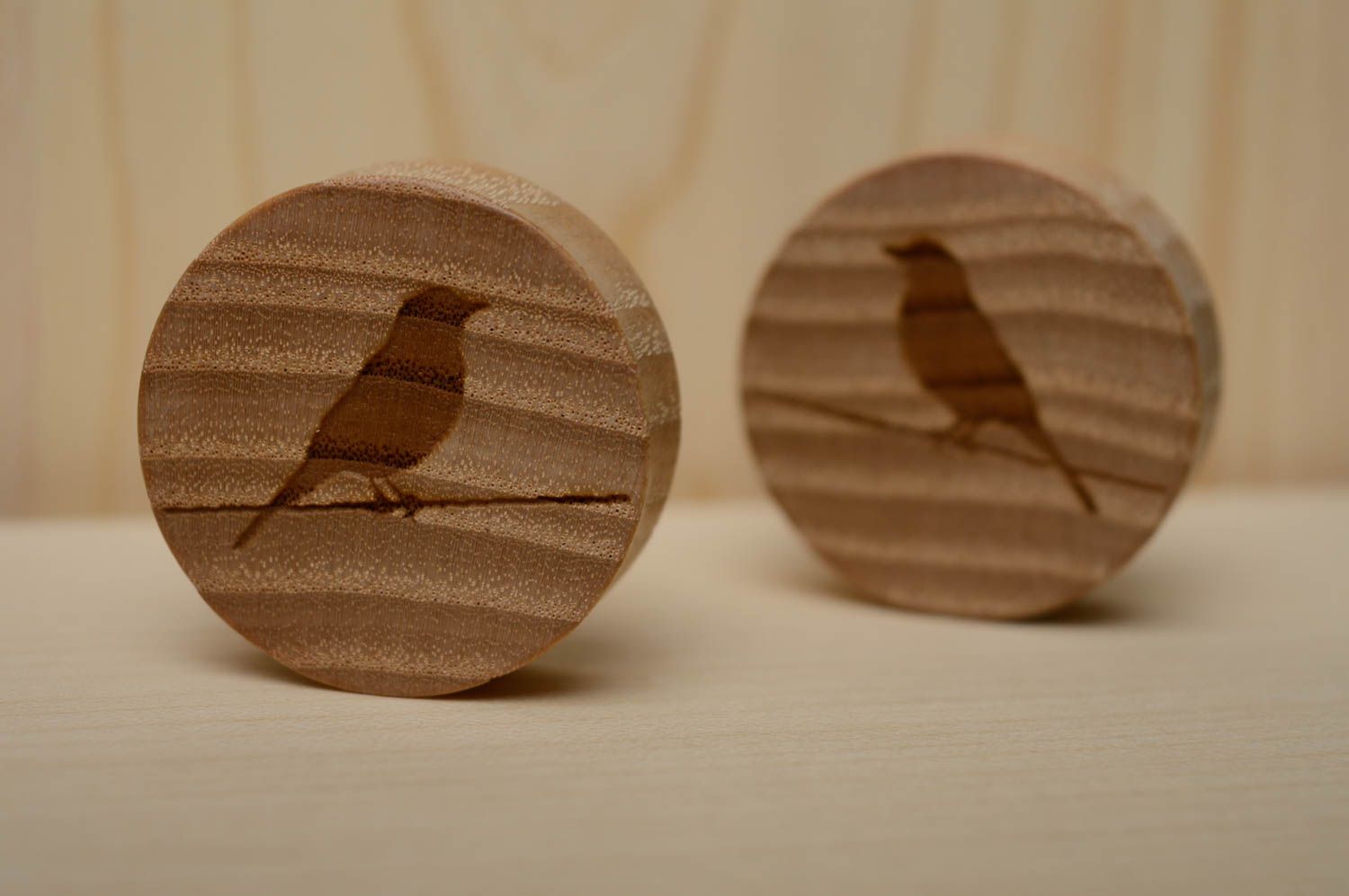 Wooden plug earrings with engraving Birds photo 5