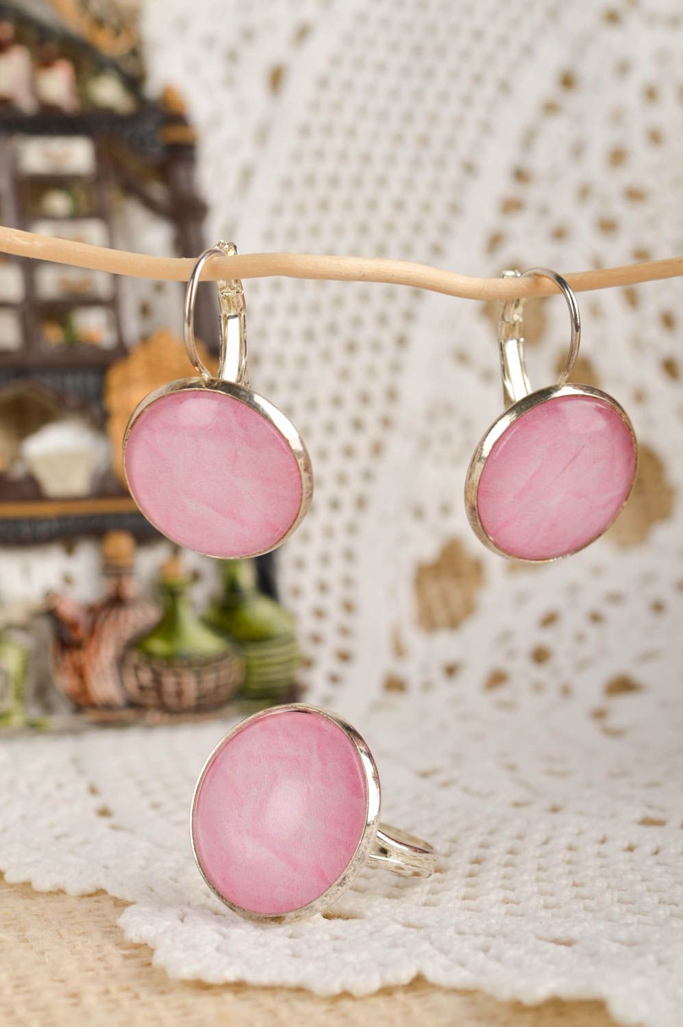 Металлические украшения ручной работы серьги с подвесками женское кольцо Розовое фото 1
