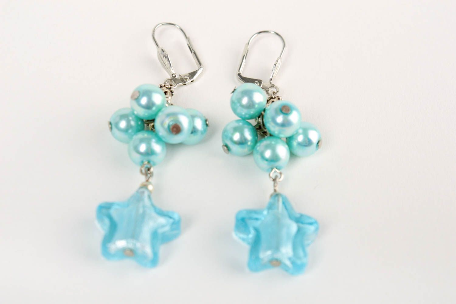 Pendientes de cuentas de vidrio y perlas de cerámica artesanales azules estrella foto 4