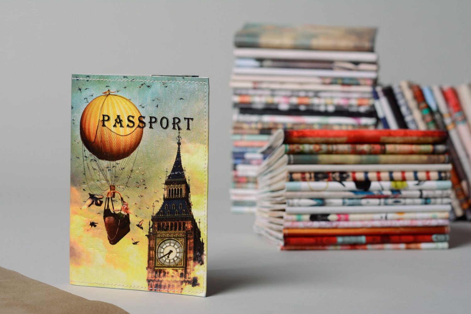 Homemade artificial leather passport cover with print Travel photo 1