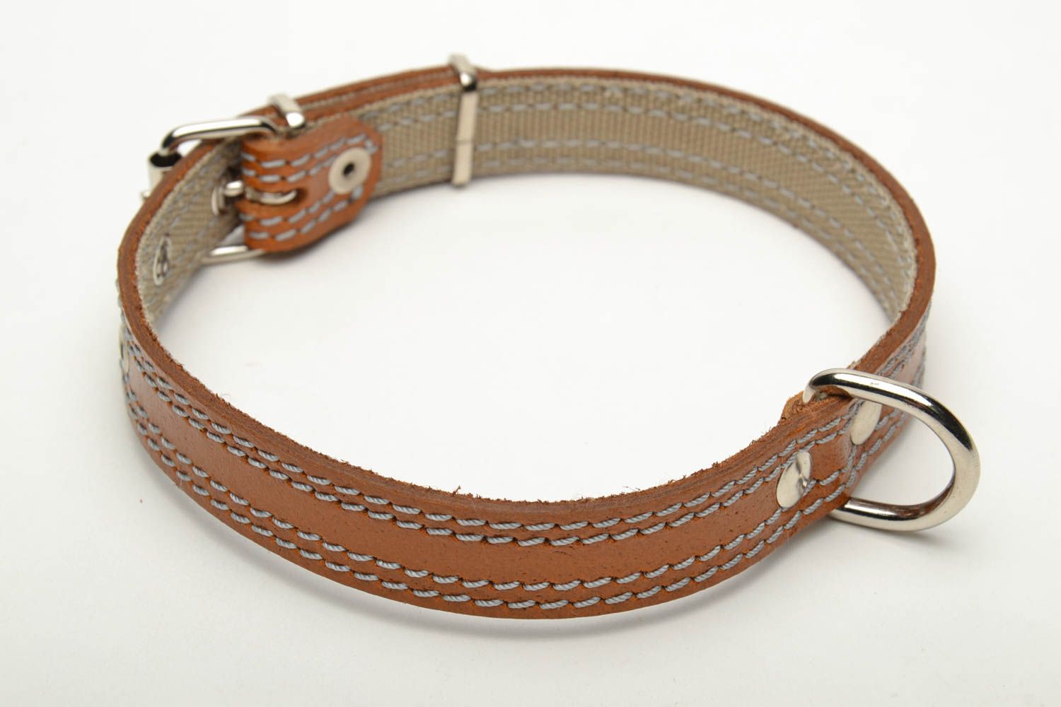 Brown dog collar with handmade sewing photo 4