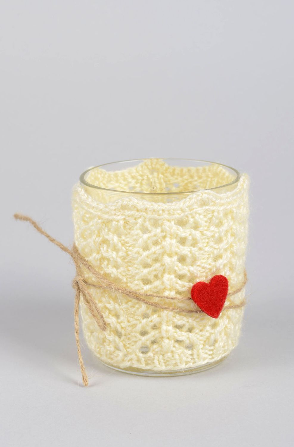 Tea light glass candle holder with knitted cover great Valentine's day gift 3,54 inches photo 1