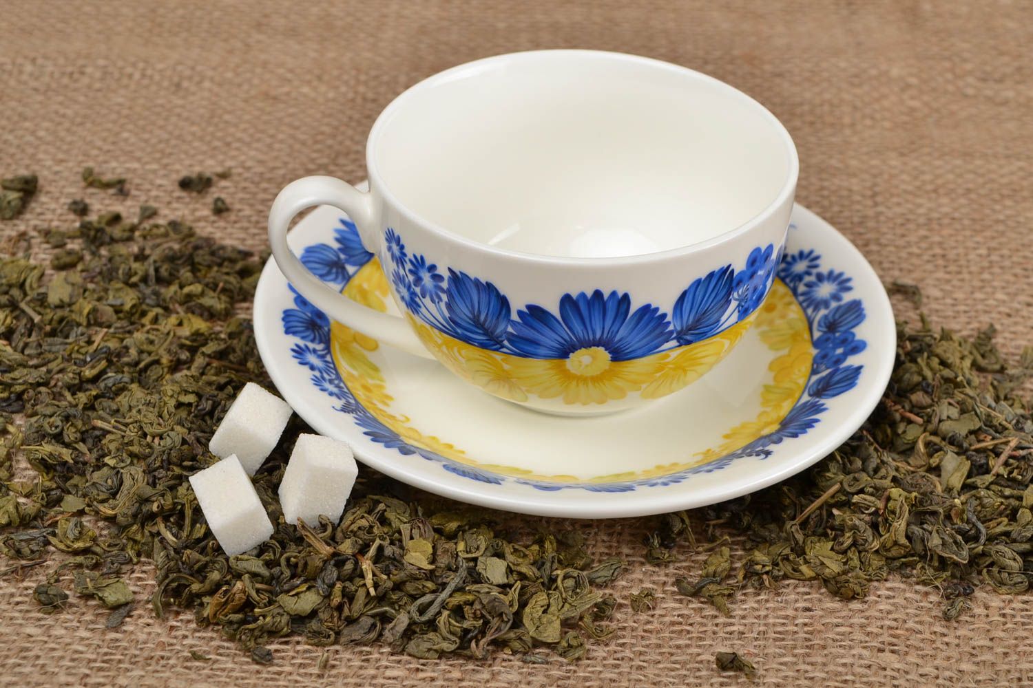 Porcelain yellow, white, and blue colors teacup in floral design with handle and saucer photo 1