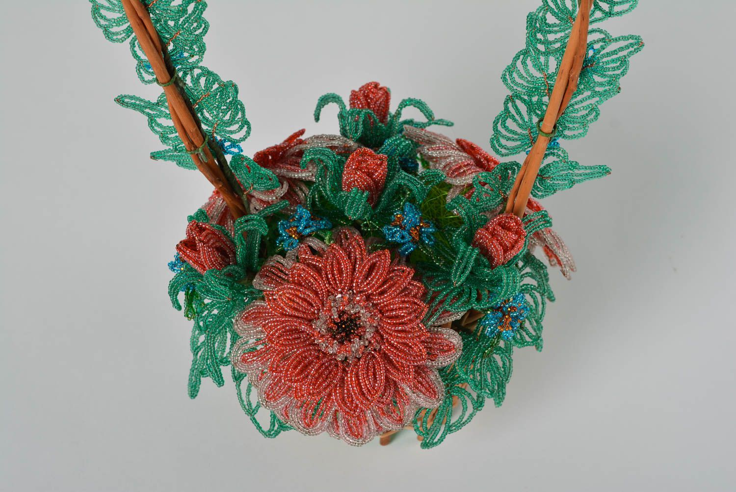 Decorative flower beaded arrangement in basket handmade home interior decor  photo 1