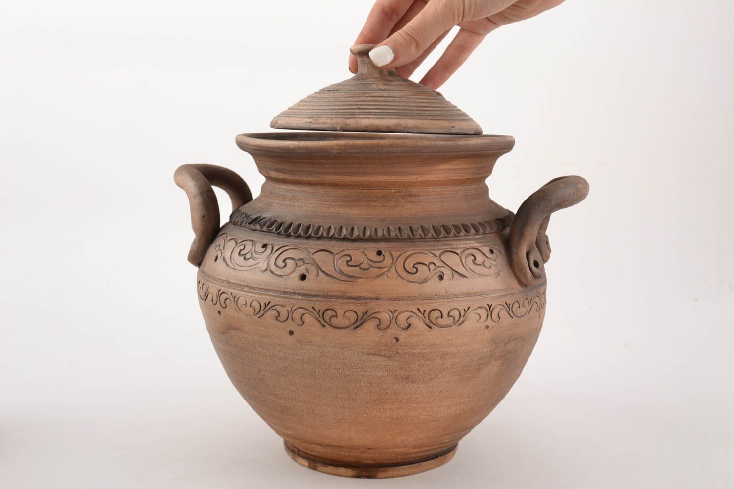 Grand pot en terre cuite avec couvercle et deux anses fait main marron 6 l photo 5