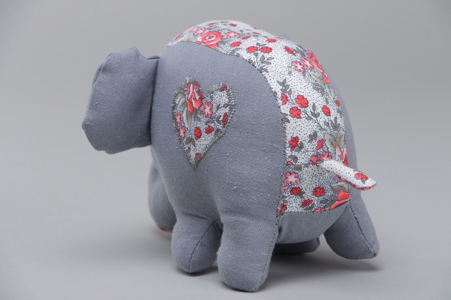 Handmade children's fabric soft toy elephant of gray color and average size photo 4