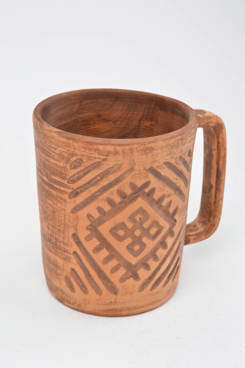 Clay handmade coffee mug with square handle and geometric pattern photo 3