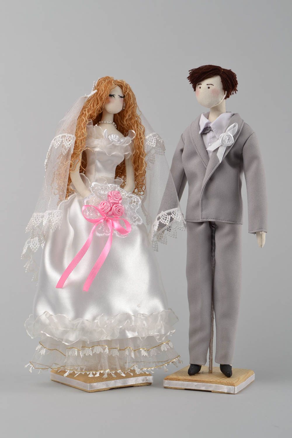 Set of 2 handmade designer fabric wedding soft dolls with stands bride and Groom photo 1
