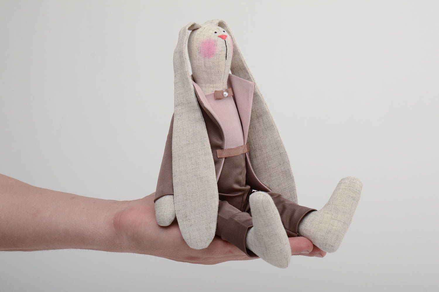 Handmade decorative fabric toy cute bunny in suit made of cotton interior decor photo 5