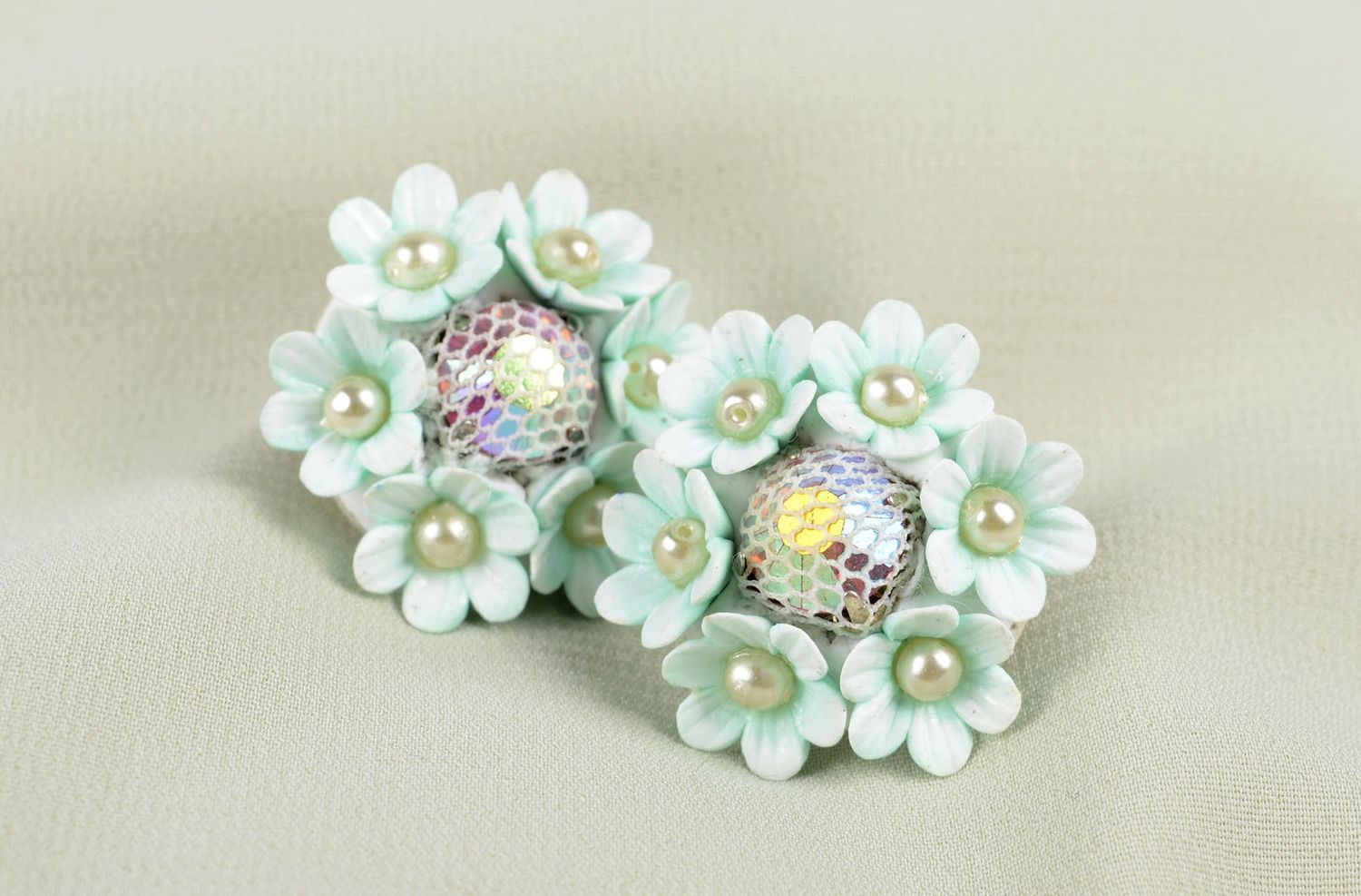 Handmade stud earrings made of polymer clay plastic earrings flower jewelry photo 5