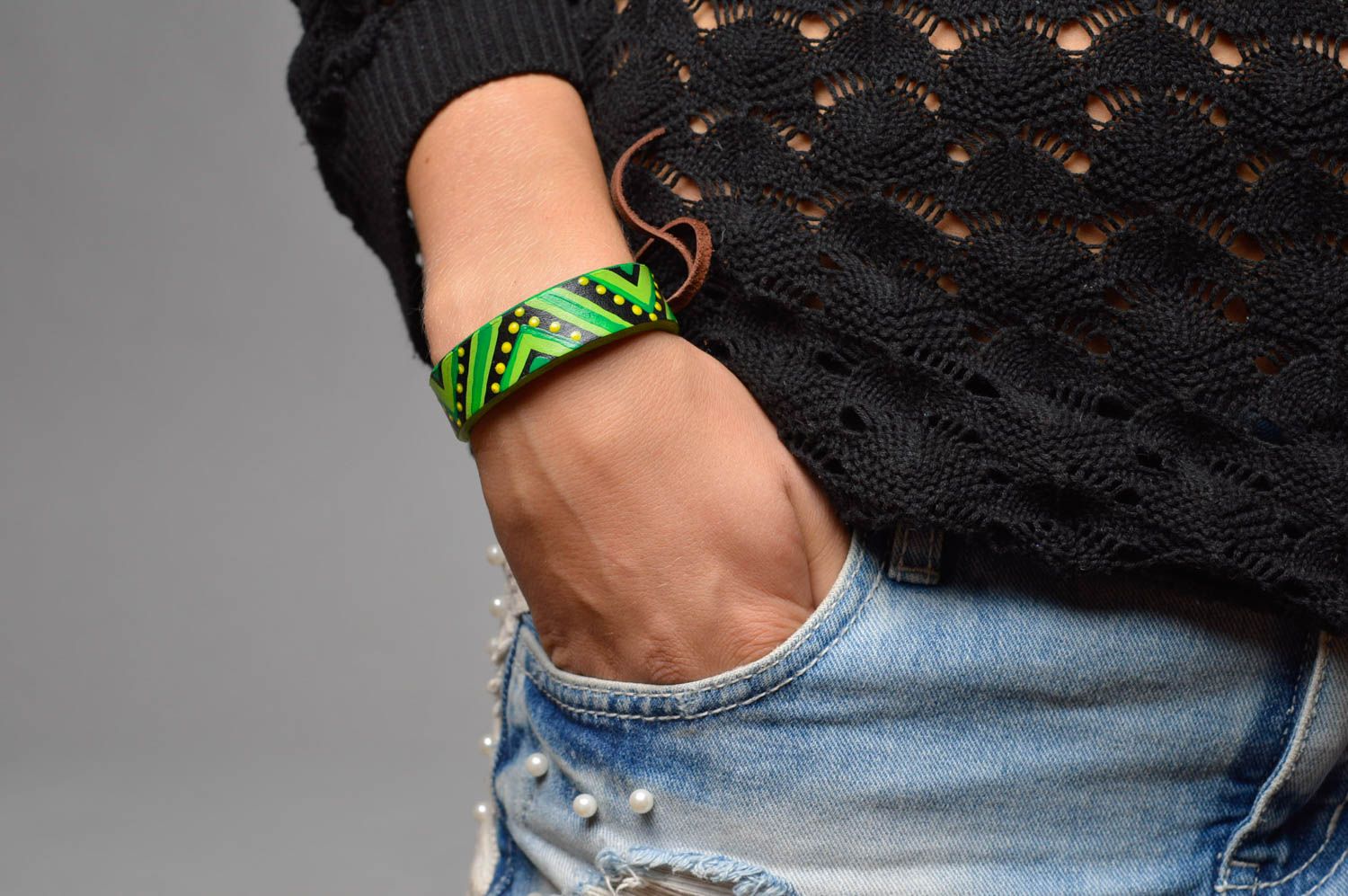 Bracelet cuir naturel Bijou fait main vert noir original Accessoire femme photo 5