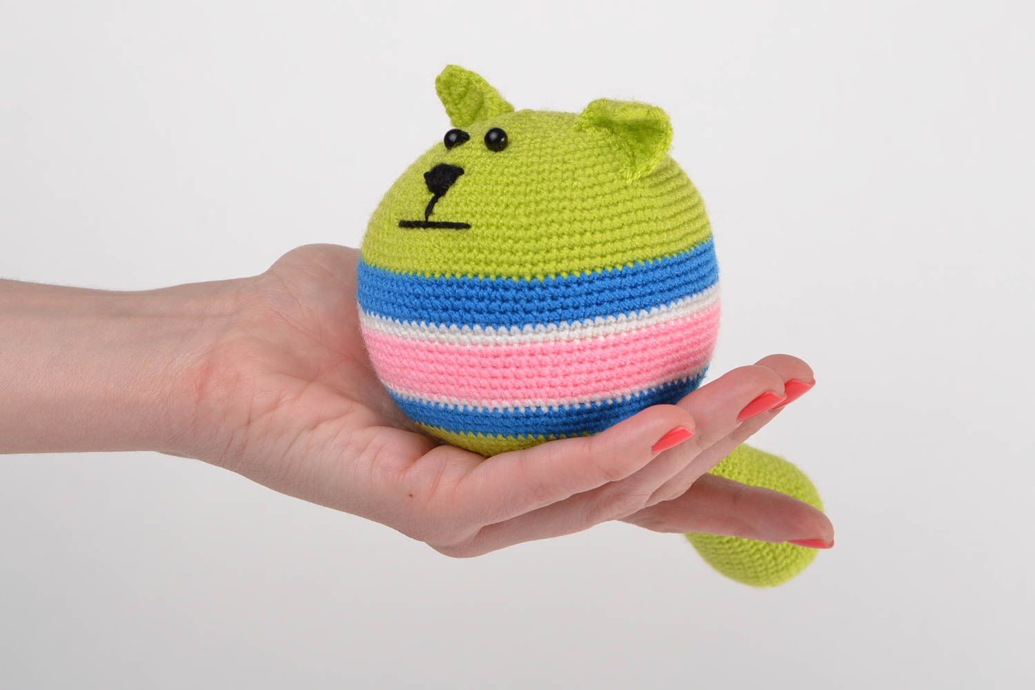 Handmade anti-stress soft toy crocheted of acrylic threads ball shaped green cat photo 2