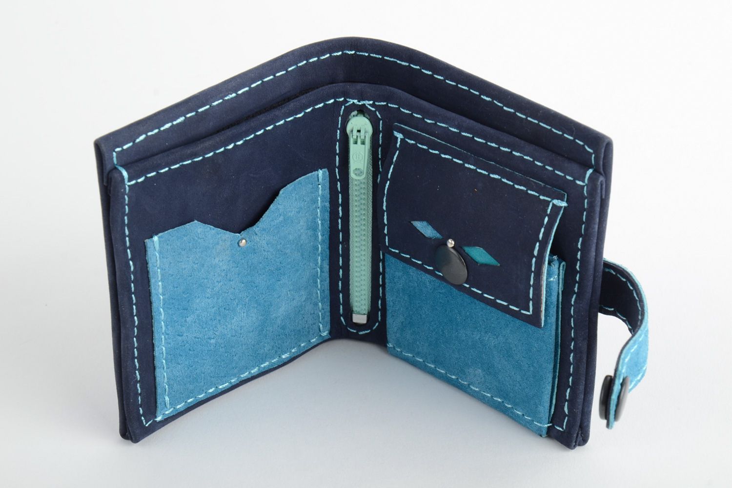 Handmade women's leather wallet of blue color photo 2
