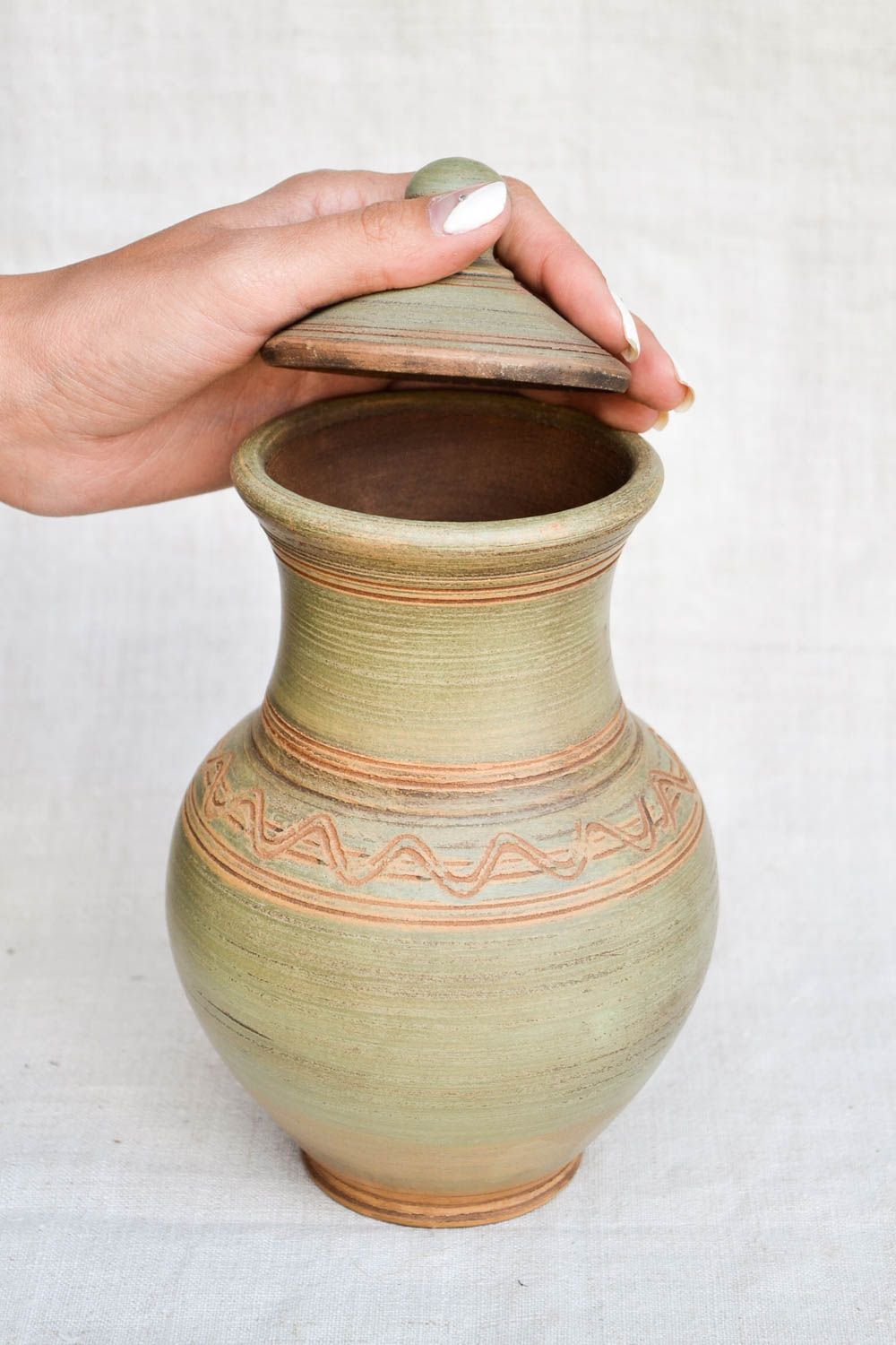 Handmade Keramik Krug mit Deckel gemustert Öko Geschirr Küchen Zubehör schön foto 2