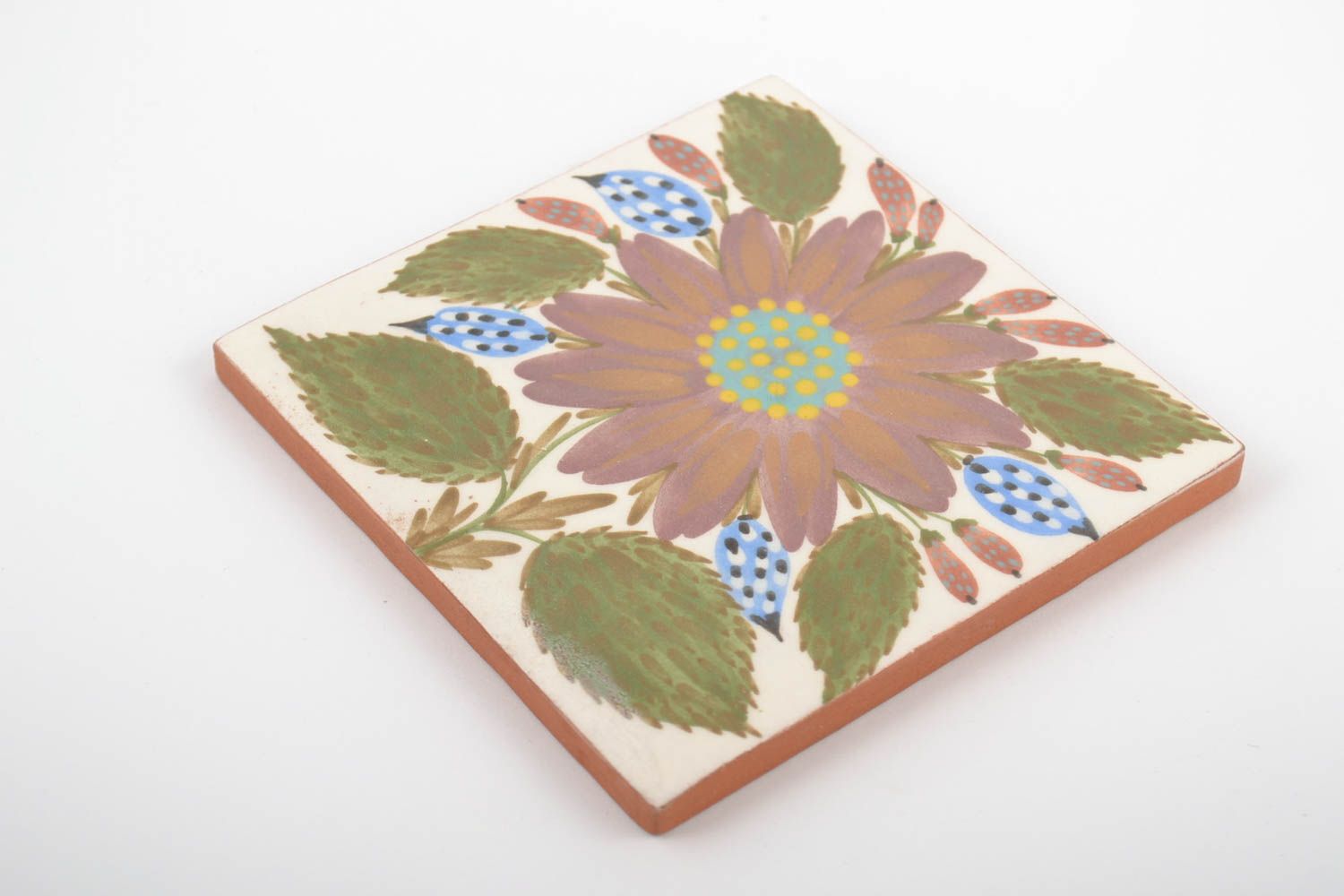 Handmade dekorative Wandplatte aus Ton quadratisch mit Bemalung mit Blumenmuster foto 4