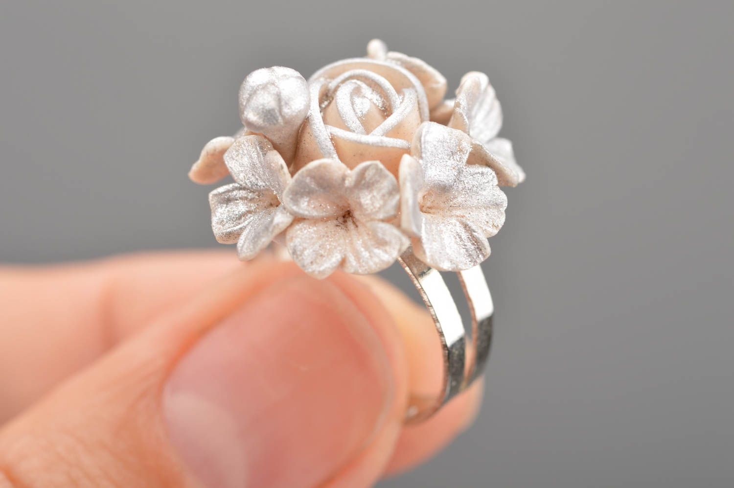 Handmade polymer clay silver floral volume designer jewelry ring on metal basis photo 2