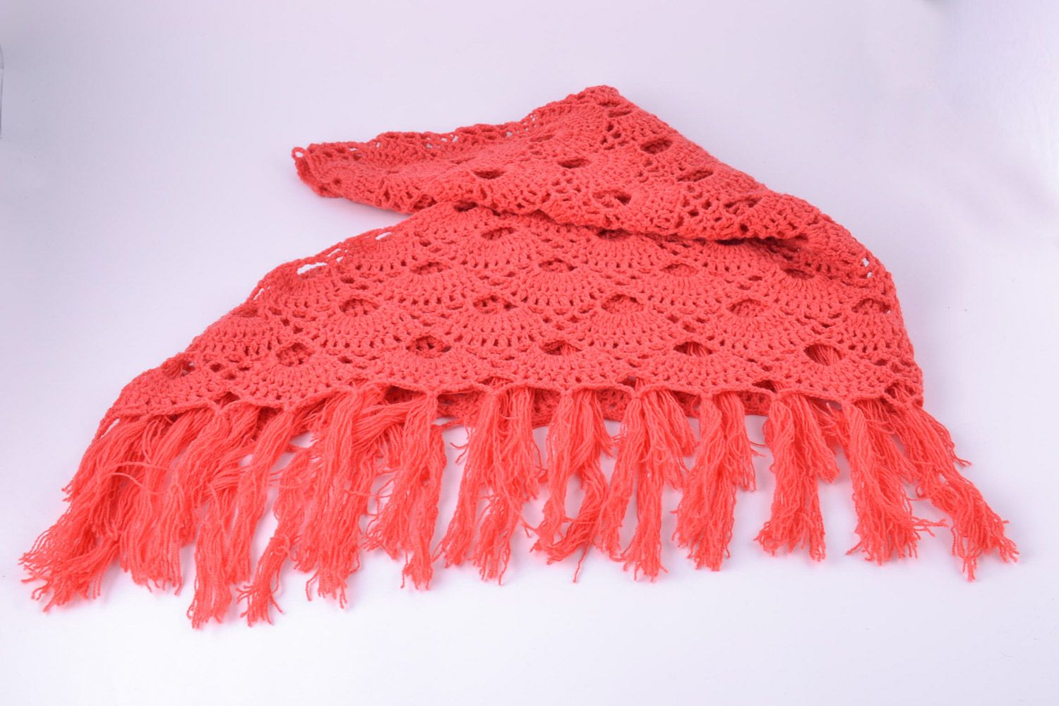 Large handmade lacy women's shawl crocheted of red semi-woolen threads  photo 3