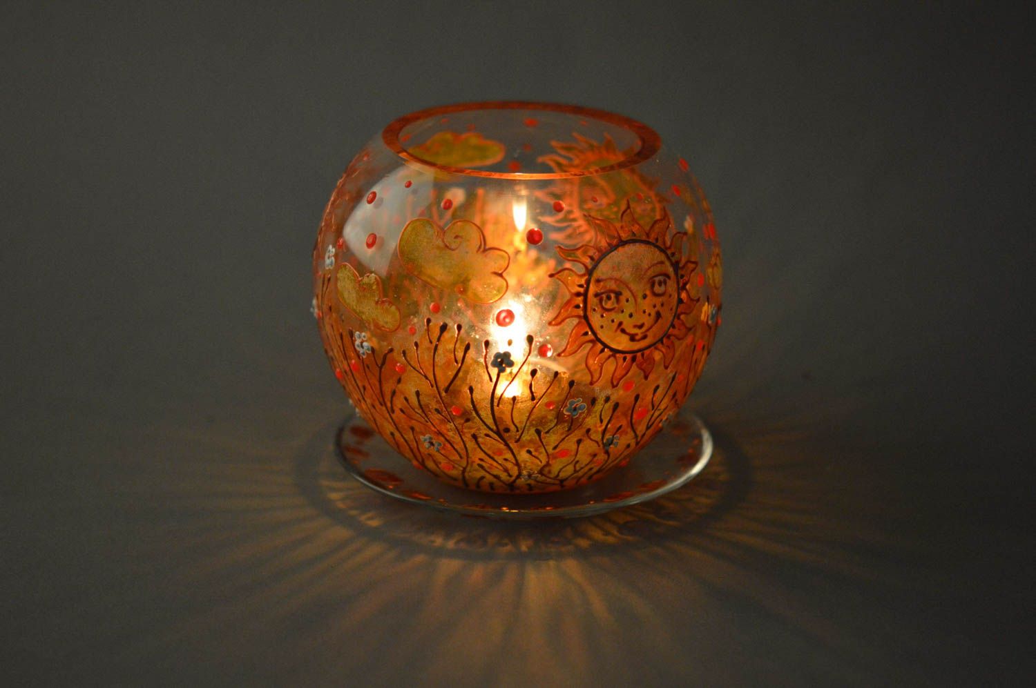 Bougeoir boule verre peint avec support décoration originale faite main Ambre photo 1