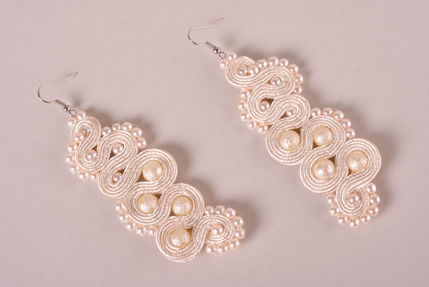 Handmade jewelry soutache earrings big white earrings charm designer earrings photo 1