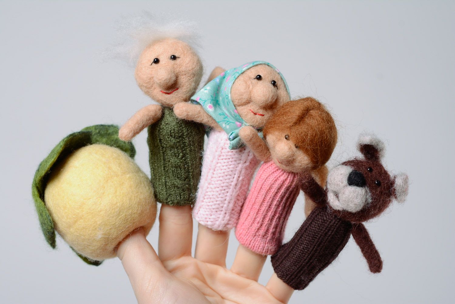 Set of handmade felted wool puppet toys The Giant Turnip fairy tale 6 items photo 3
