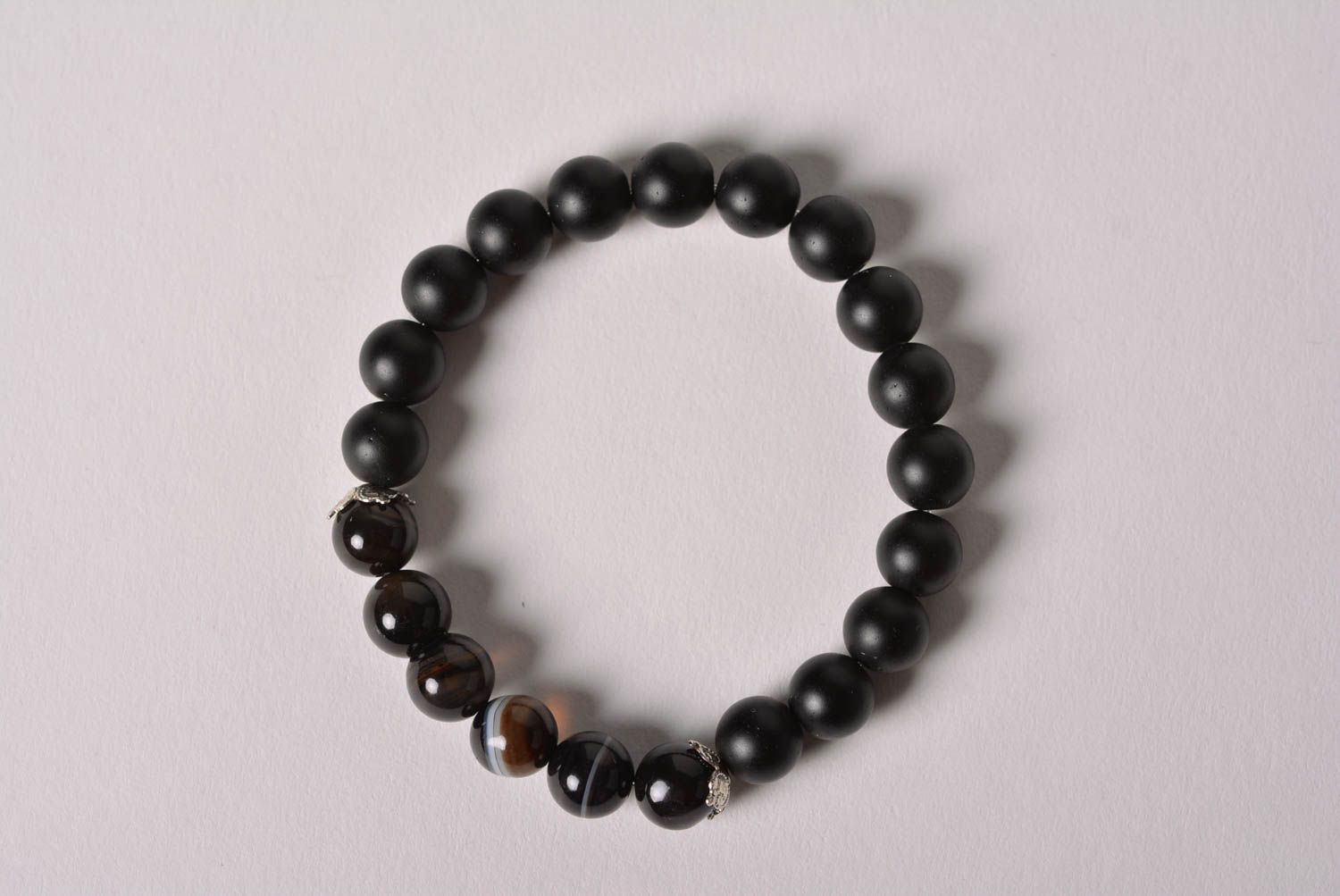 Handmade laconic wrist bracelet with natural black agate stone beads for women photo 3