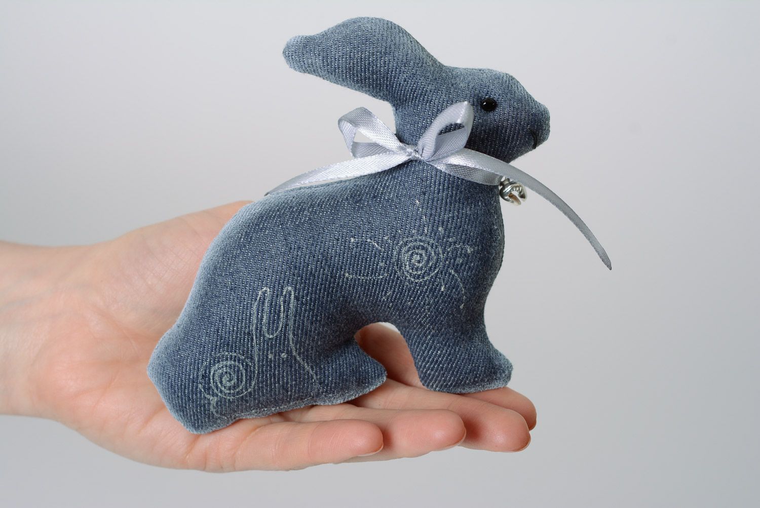 Handmade designer interior soft toy sewn of dark blue denim fabric Rabbit  photo 4