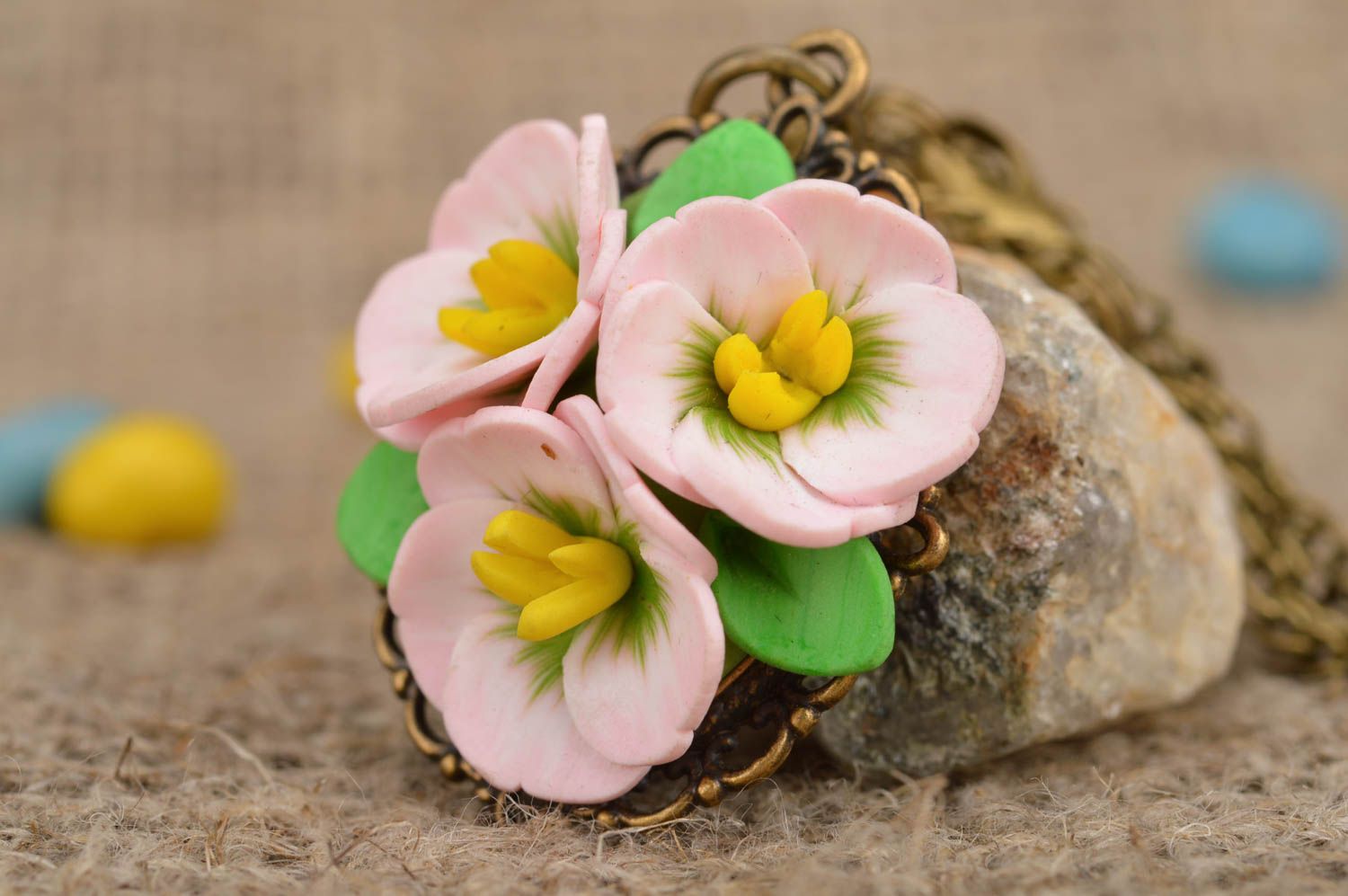 Unusual beautiful handmade pink polymer clay flower pendant on metal basis photo 1