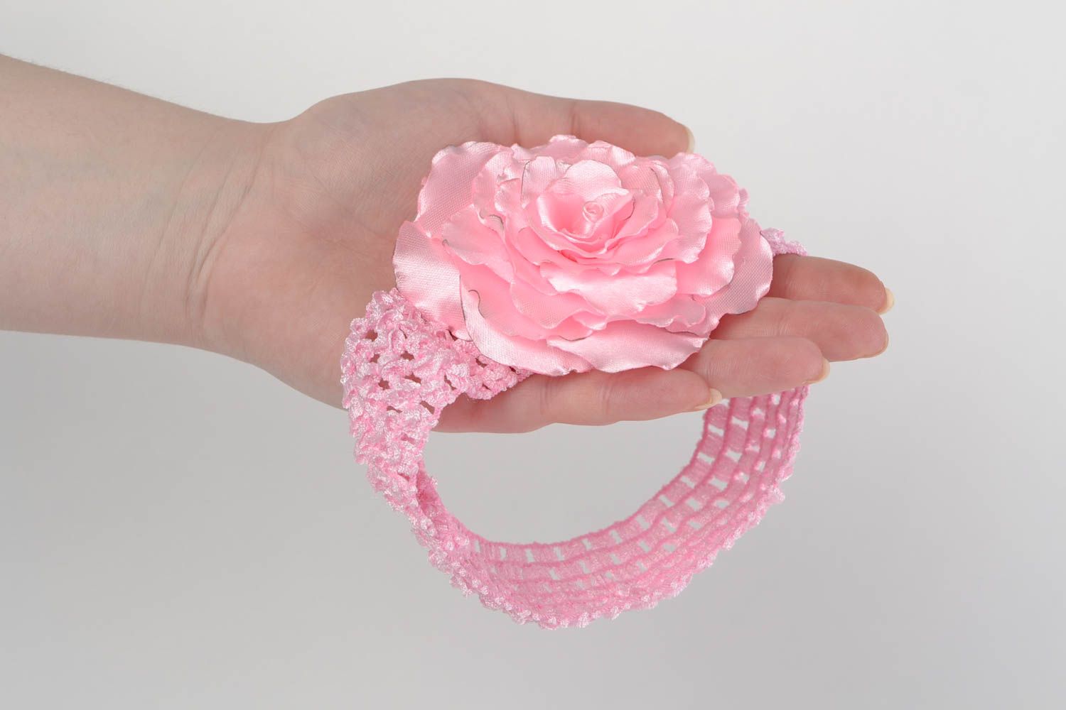 Tender pink handmade designer headband with volume satin ribbon pink flower photo 2