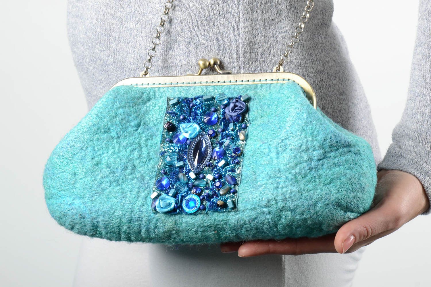 Bolso hecho a mano de lana de fieltro azul accesorio de mujer regalo original foto 2