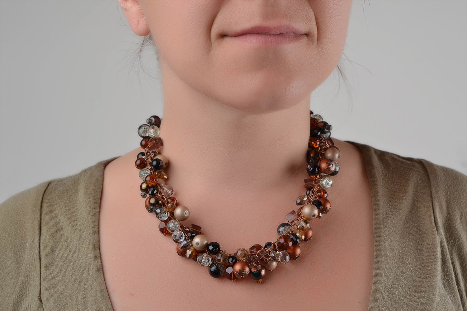 Unusual brown handmade designer necklace with glass and natural stone beads photo 2