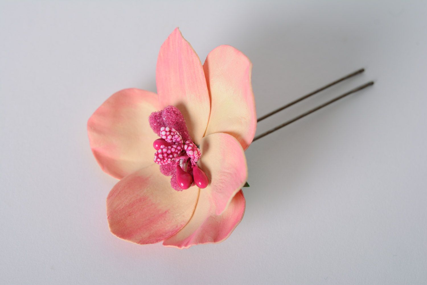 Handmade plastic hair pin made of suede and foamiran with orchid flower photo 5