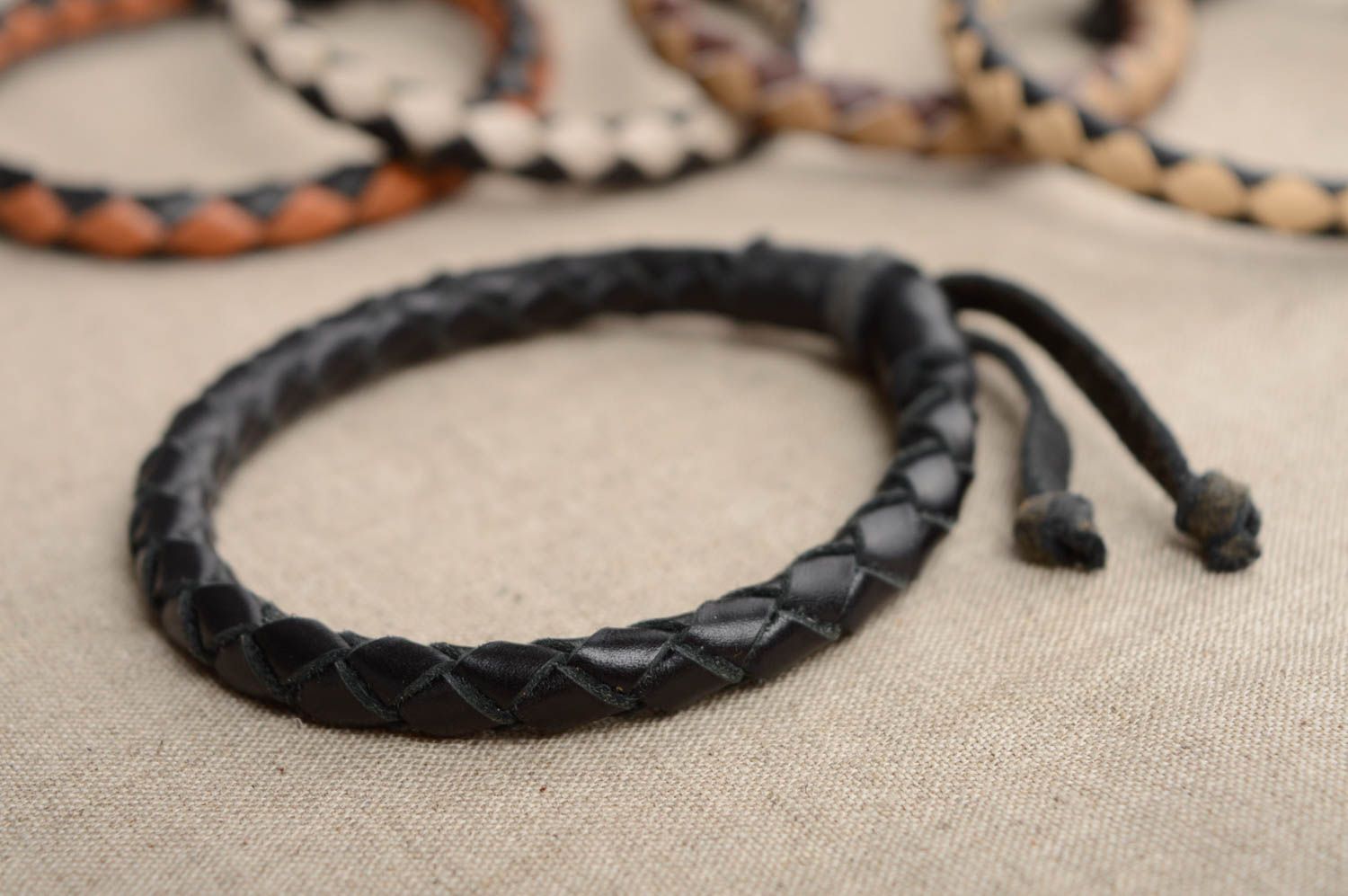 Unusual black woven leather bracelet photo 3