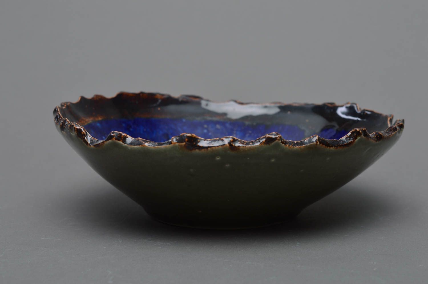 Stylish handmade colorful blue and green glazed porcelain bowl with ragged edge photo 3