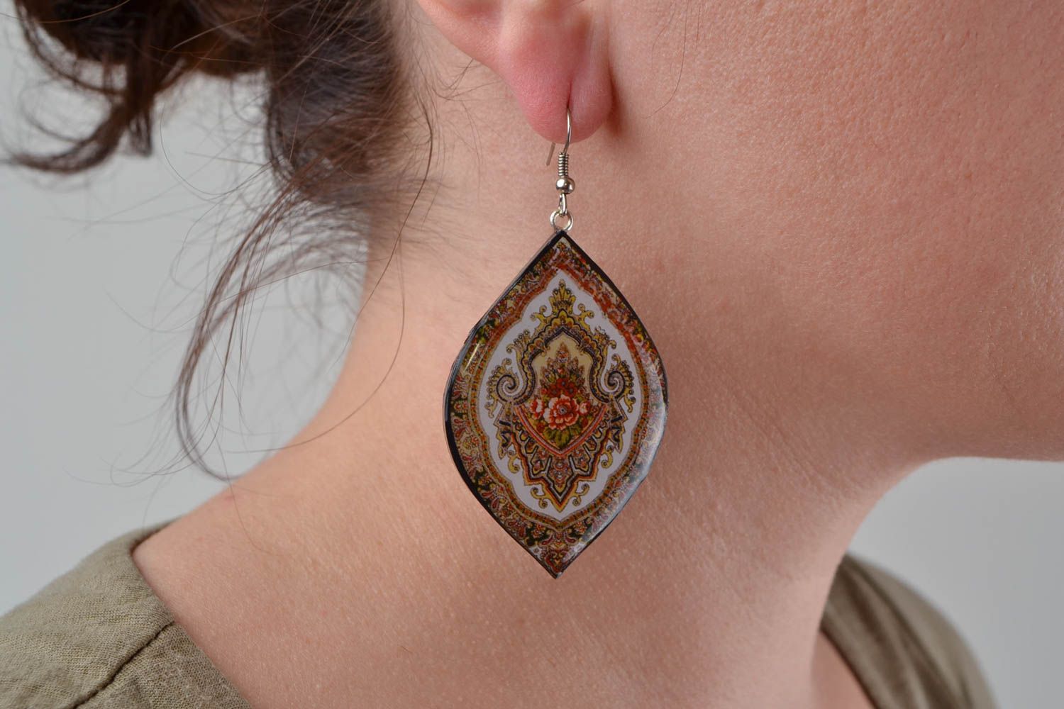 Handmade designer polymer clay dangling earrings with decoupage large ornamented photo 2