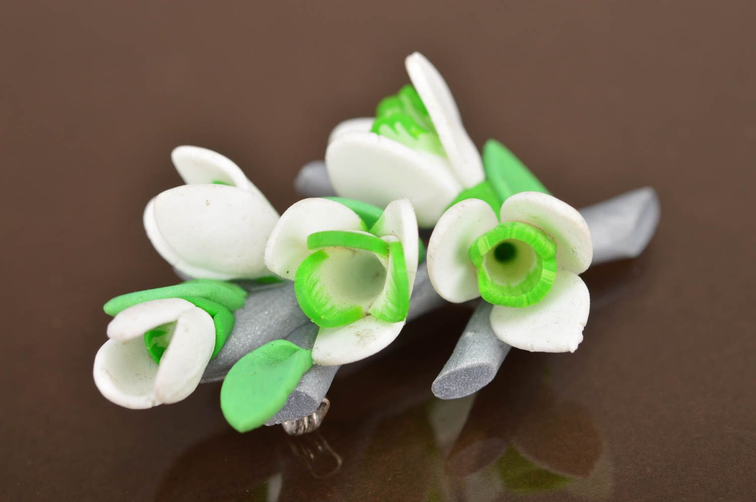 Beautiful homemade designer polymer clay flower brooch Snowdrops photo 4