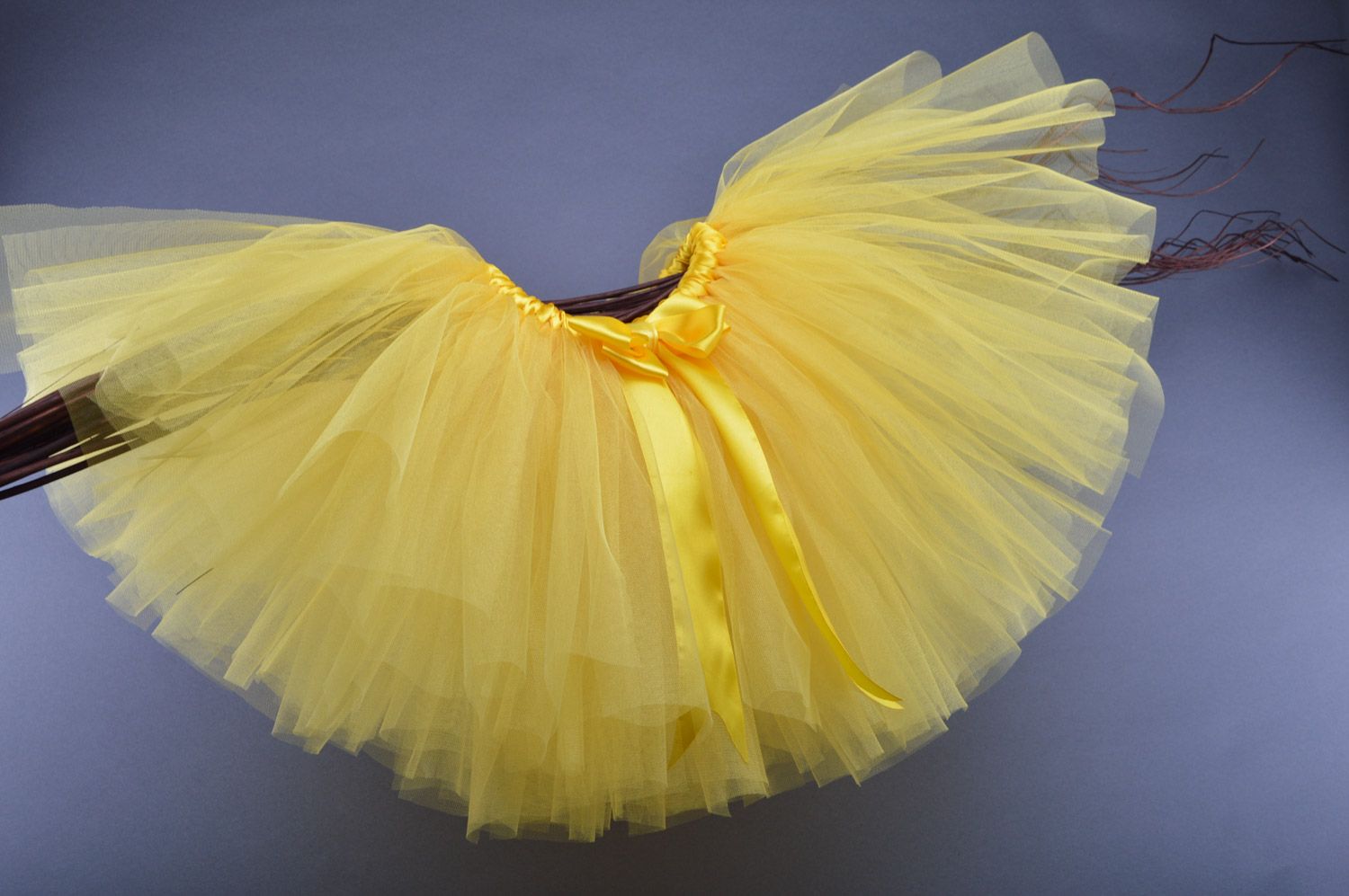 Handmade ballet tutu skirt sewn of bright yellow tulle and ribbons for children photo 5
