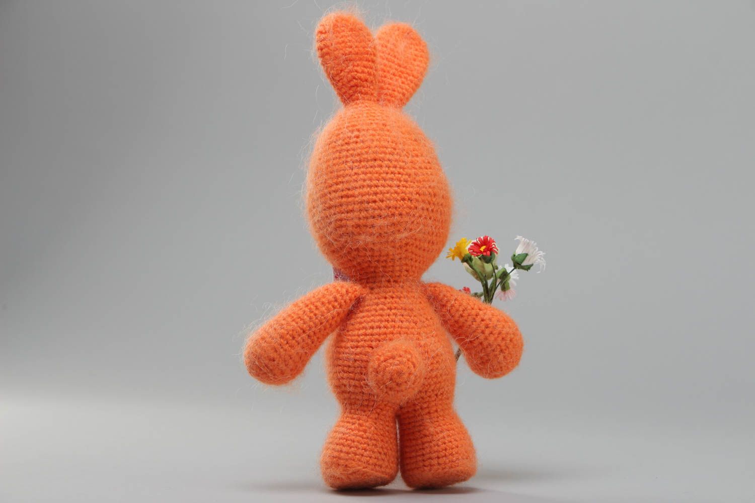 Handmade soft toy crocheted of acrylic threads Orange Rabbit with bouquet photo 4