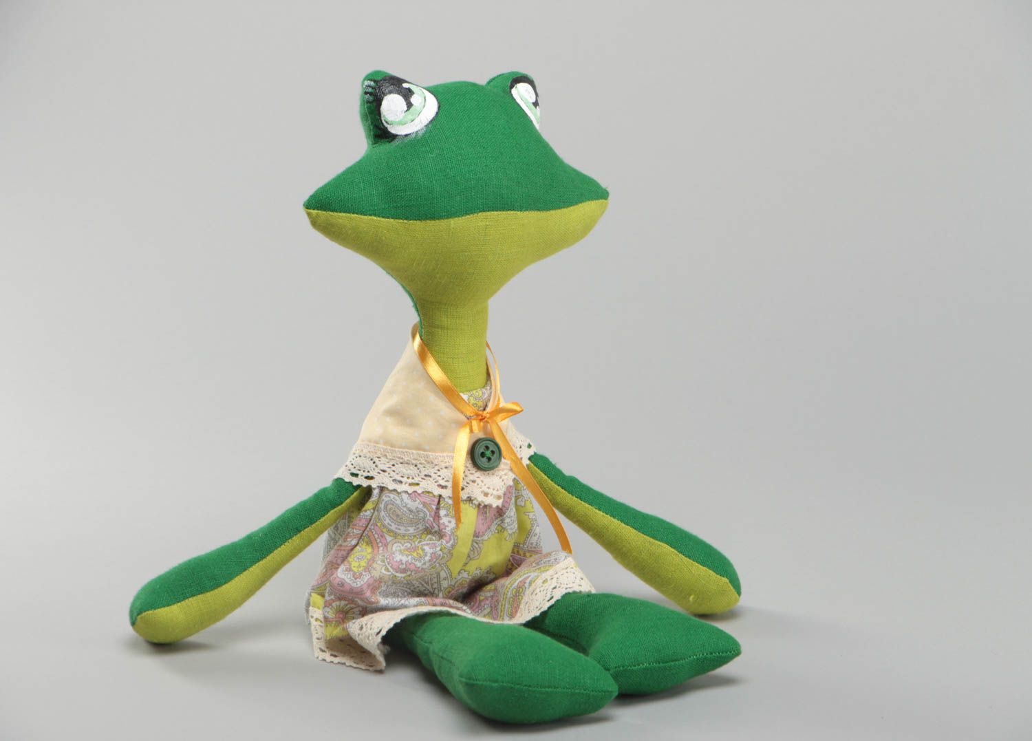 Funny handmade soft toy green frog painted with acrylics sewn of cotton and linen photo 2