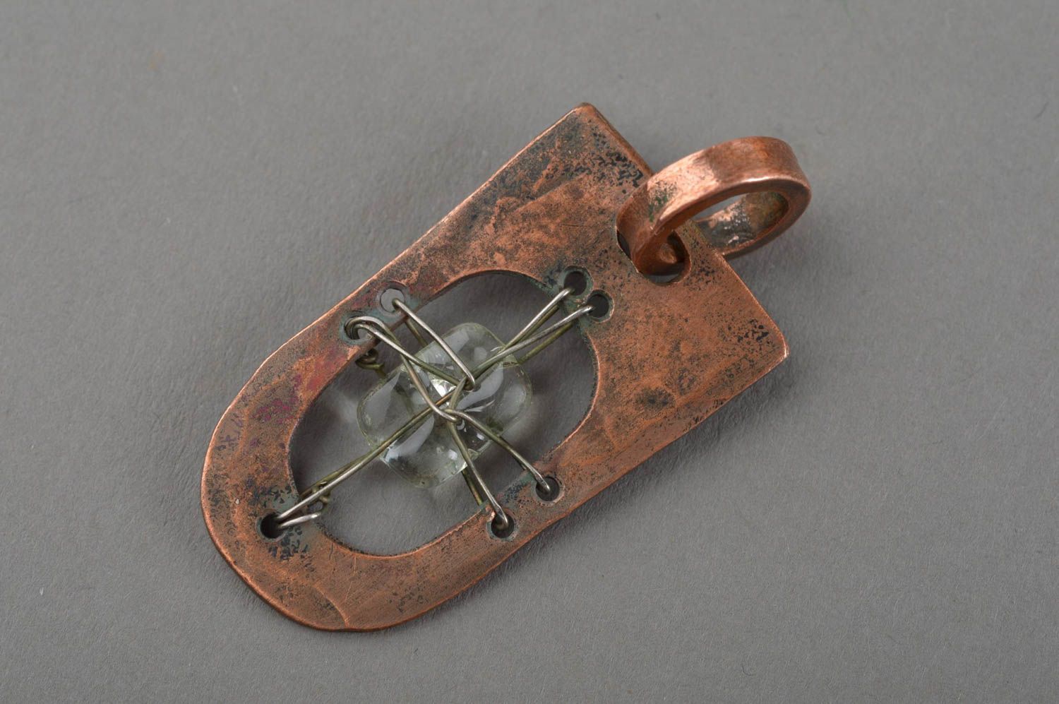 Unusual accessory for fashionistas handmade stylish copper pendant on lace photo 3