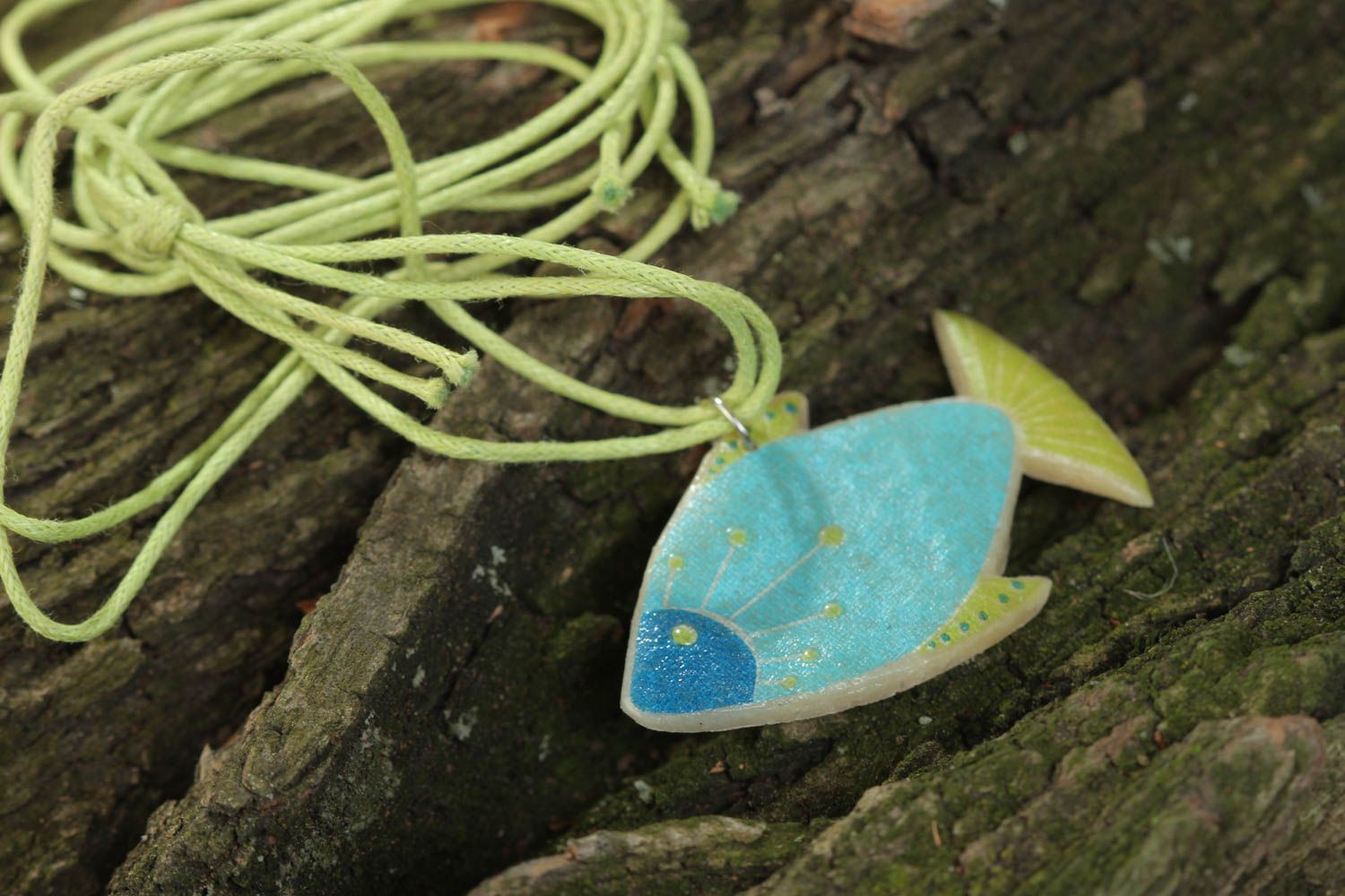 Handmade designer beautiful polymer clay pendant with print Fish on long cord photo 1