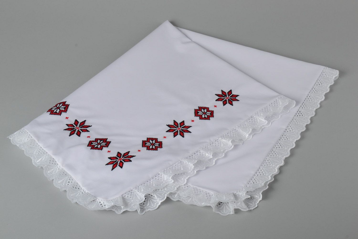 Handmade designer white cotton baby christening blanket with embroidered flowers photo 1