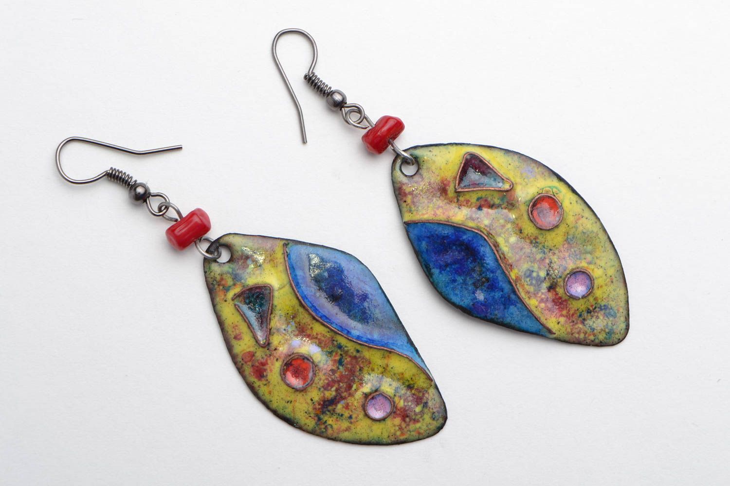 Handmade designer colorful copper dangling earrings coated with enamels Petals photo 1