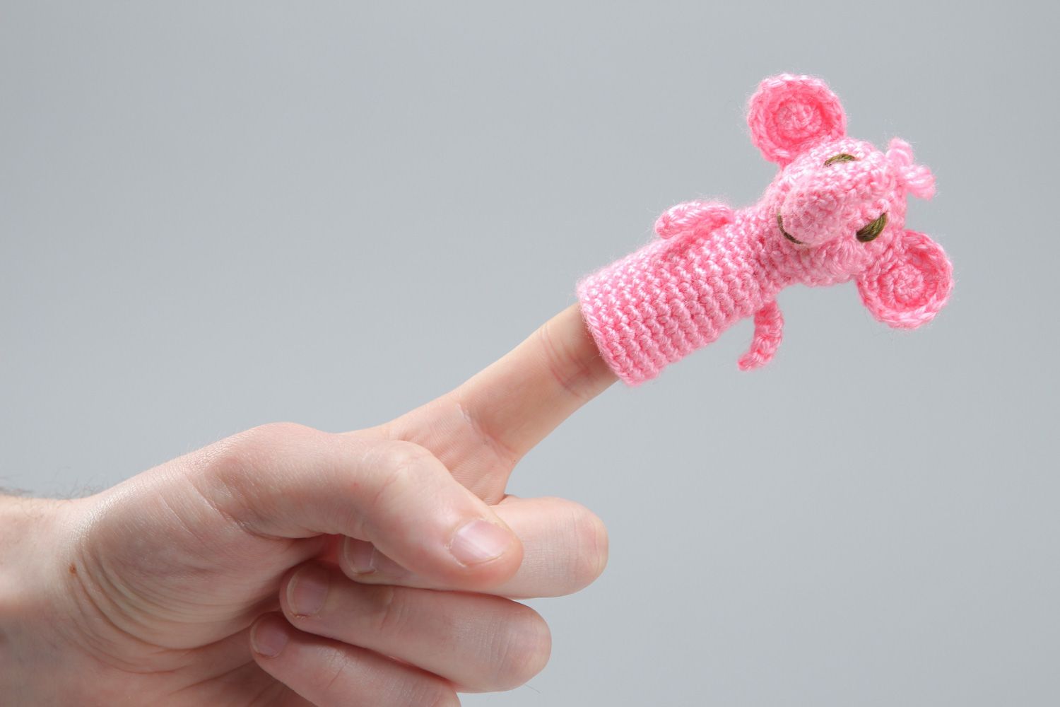 Handmade finger puppet in the shape of pink elephant crocheted of acrylic threads photo 4