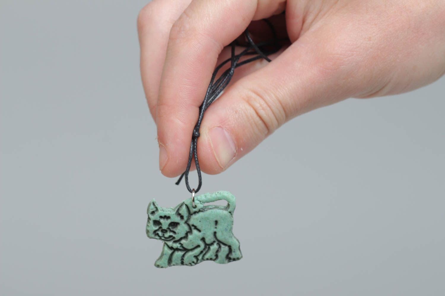 Handmade designer polymer clay pendant necklace in the shape of kitten on cord  photo 5