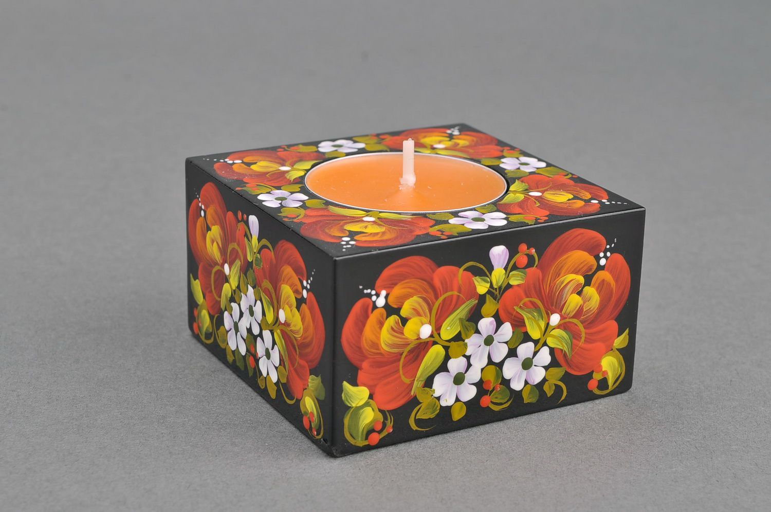 Quadratischer Kerzenständer aus Holz Päonie foto 1
