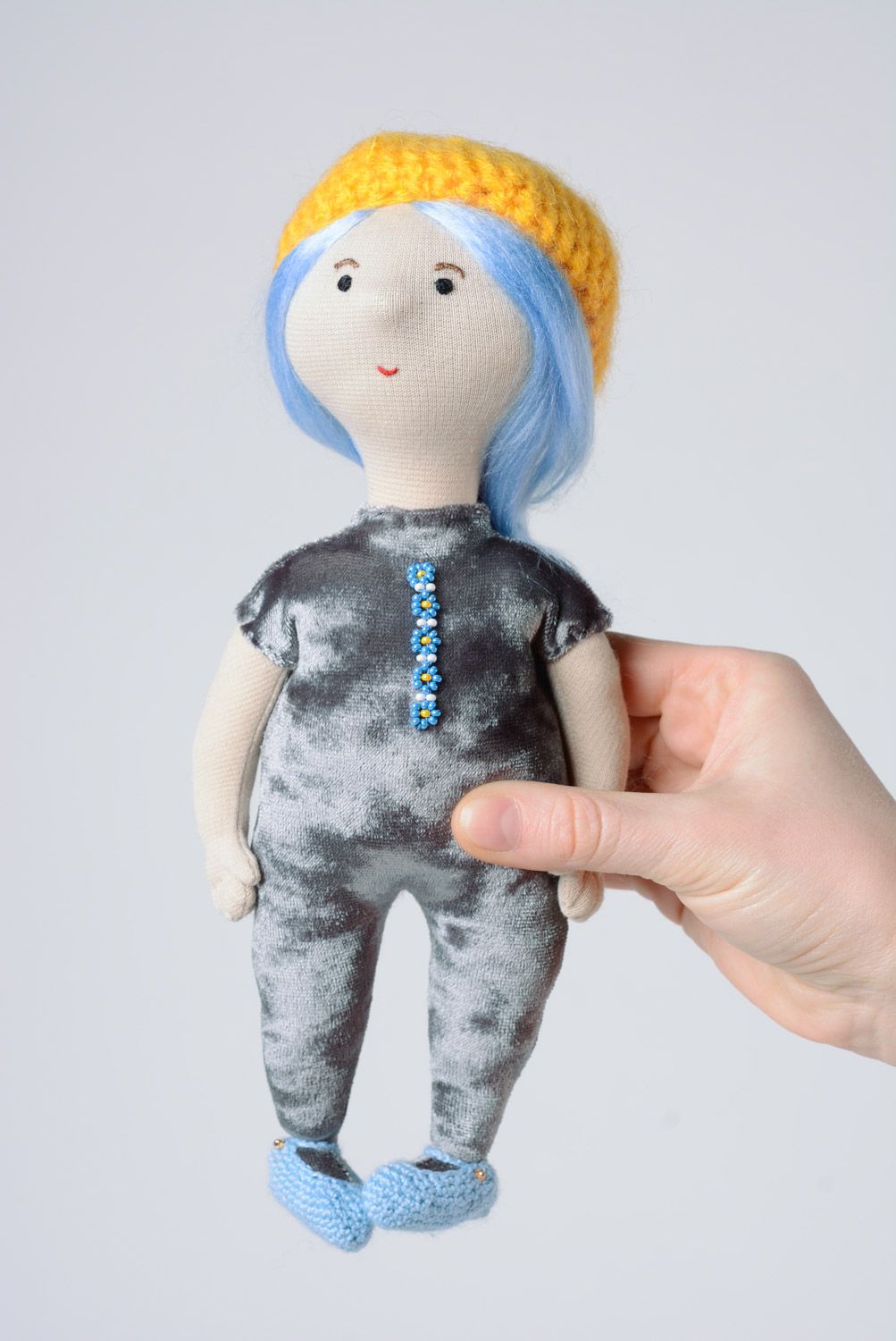 Handmade soft doll sewn of fabric with yellow beret and blue hair for girl photo 1